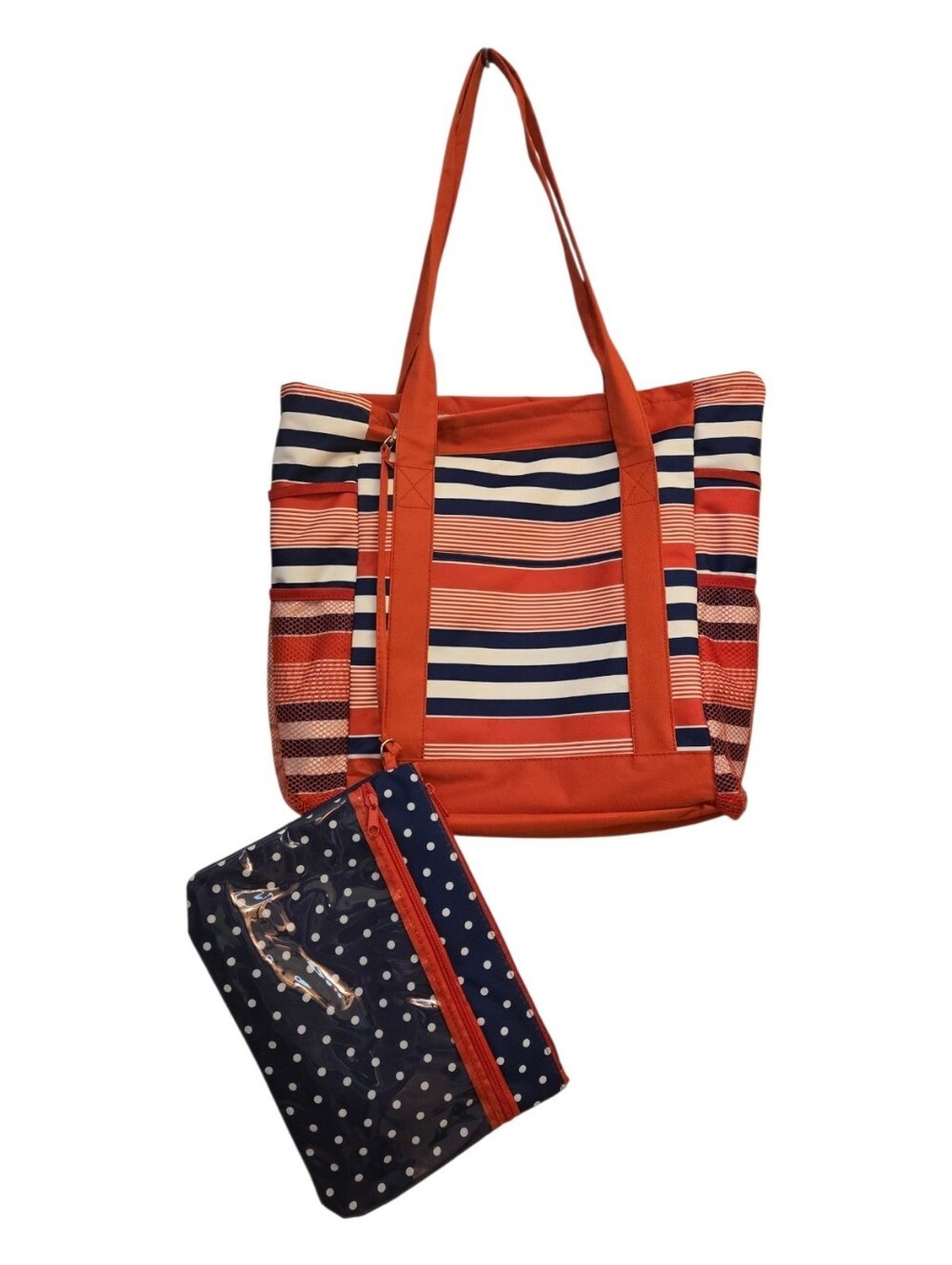 Beach Bag Red Orange Striped Women’s Tote Bag with Navy Polka Dot Pouch